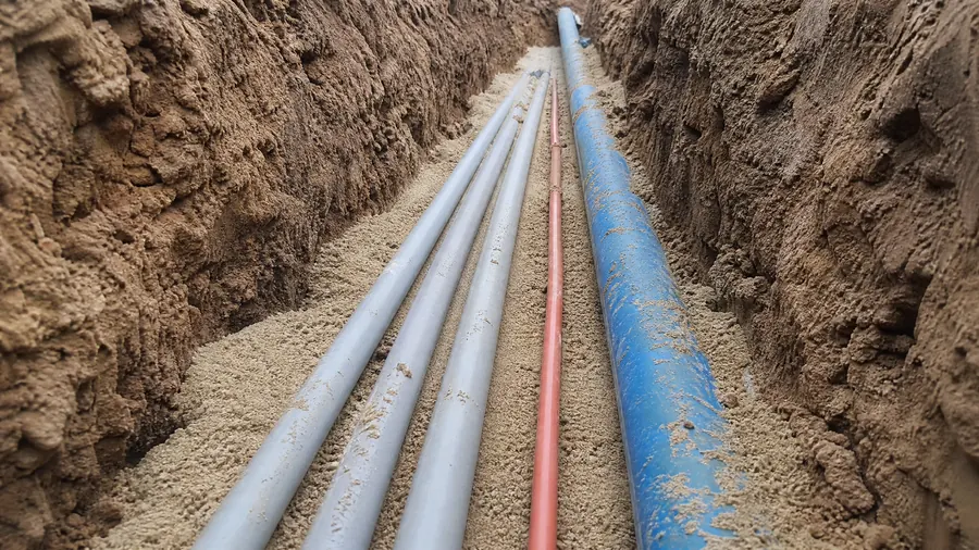 Pipes laid in a trench with stone bedding