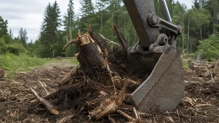 Excavator grubbing out a tree stump