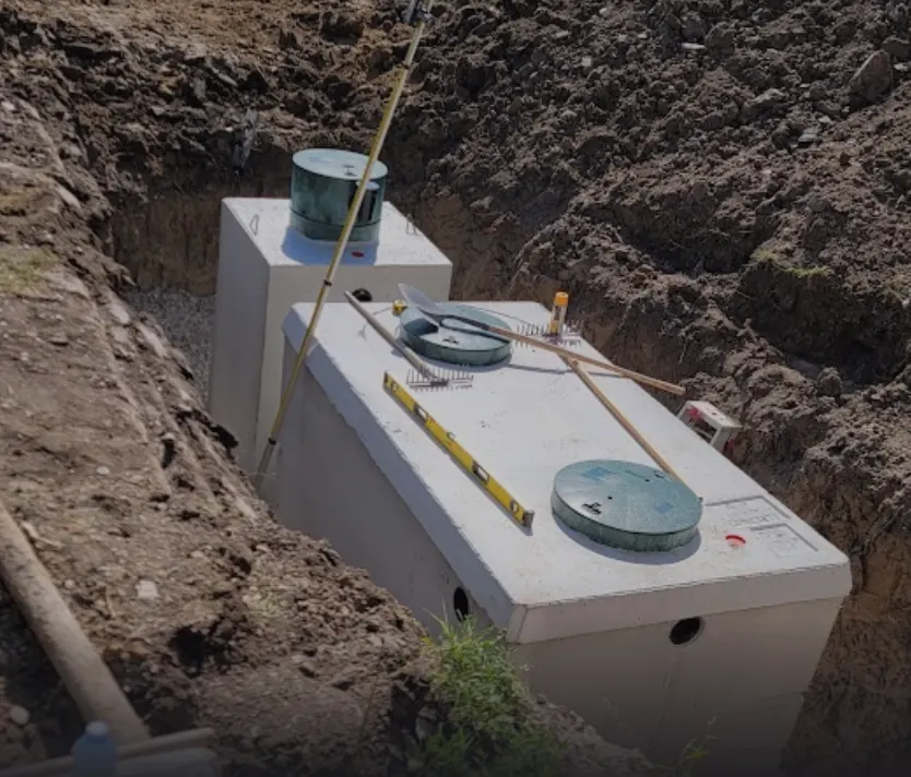 New septic tank installed in a trench